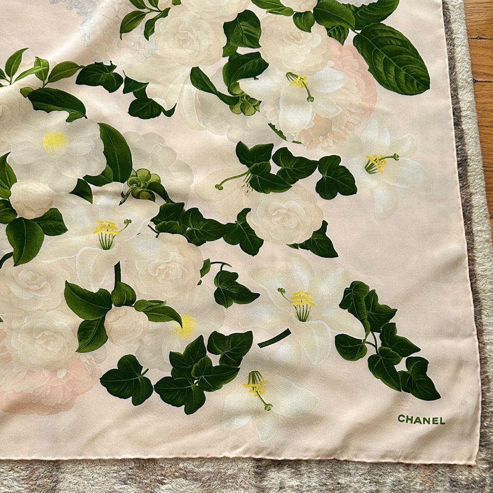 Vintage CHANEL Pink Silk Scarf with Green and White Camellia Florals